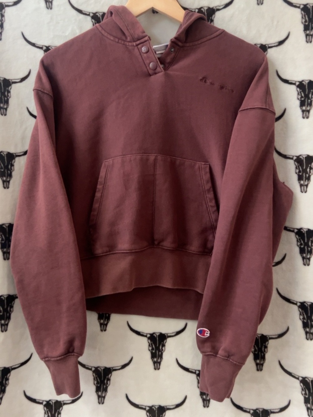 Champion Washed Burgundy Snap Neck Pullover Hoodie Medium